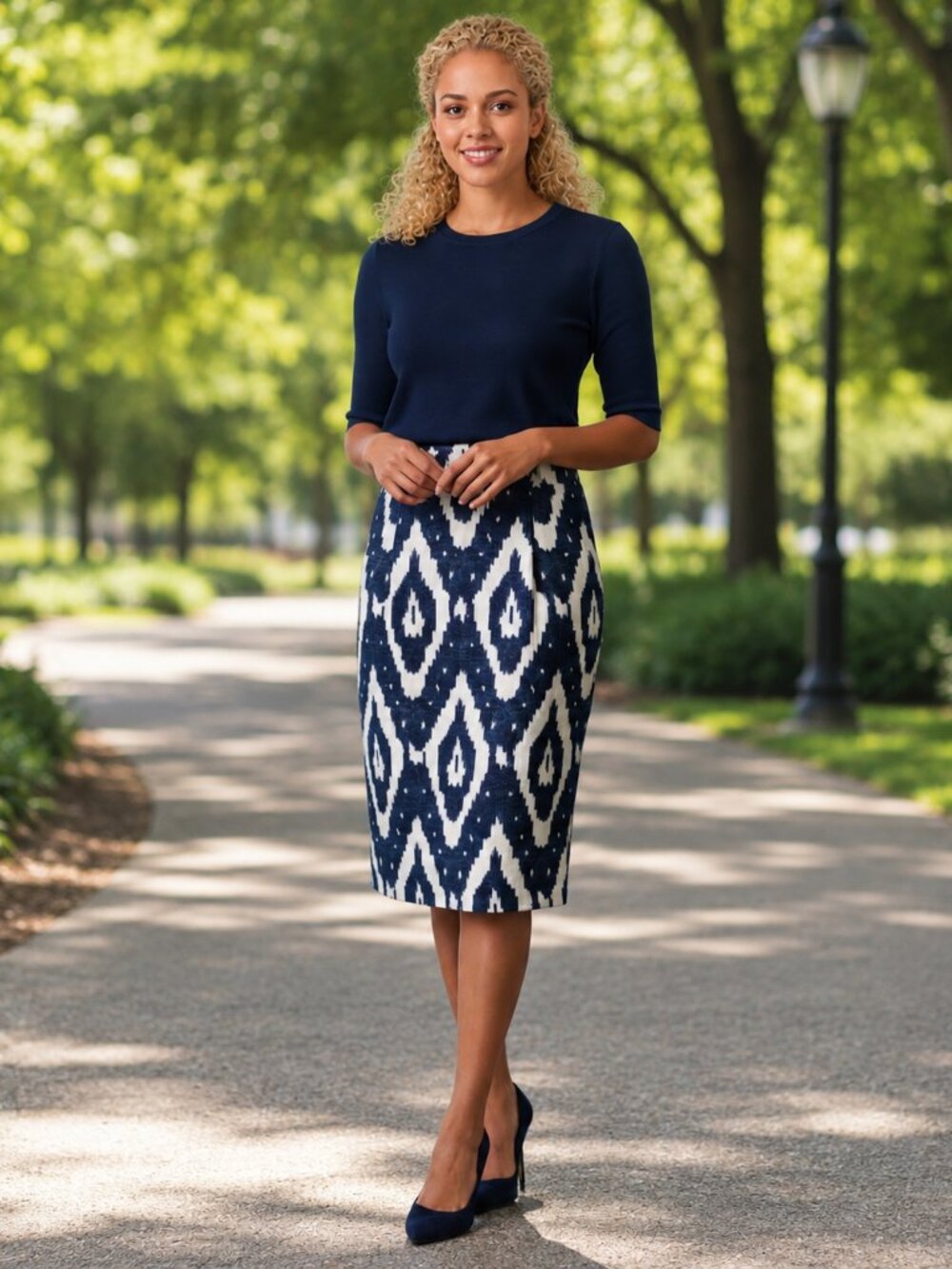J. Crew Collection Navy and White Ikat Pencil Skirt